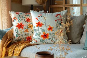 Vibrant Floral Pattern Throw Pillows Adding Warmth and Coziness to Neutral Couch