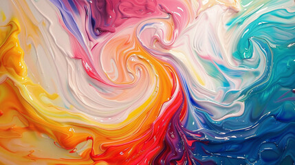 Dynamic swirls of vibrant colors intertwining and overlapping, creating an explosion of energy and creativity on the canvas. - obrazy, fototapety, plakaty