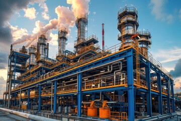 Fototapeta premium Large industrial oil refinery with pipes and distillation columns at sunset under a moody sky