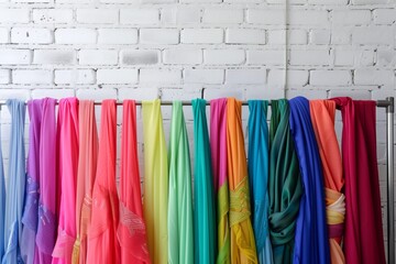 rainbow assortment of hijabs on a metal rack with a white brick wall