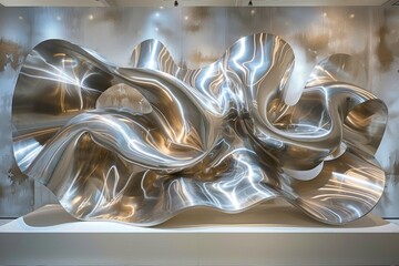 Impressive large metal wall sculpture with fluid organic shapes and a shiny reflective surface.