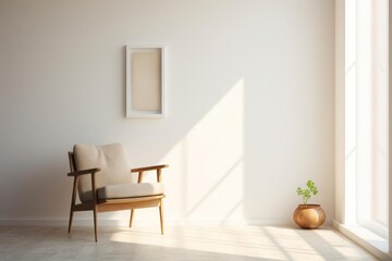 A simple minimalist setup with a lone armchair placed in the center of a clean, white room. Soft sunlight streams in through a large window, casting subtle shadows on the floor.