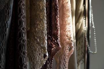 closeup of textured hijabs hanging from a chrome rack in soft lighting - obrazy, fototapety, plakaty