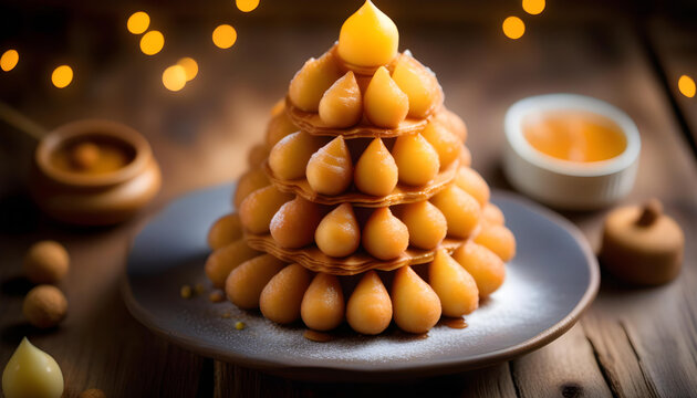 Croquembouche dessert, with caramelized sugar decorations on a rustic black plate