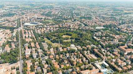 Parma, Italy. The historical center of Parma. Cittadella Park - Public park on the site of a pentagonal fortress from the 16th century. Panorama of the city from the air. Summer day, Aerial View - obrazy, fototapety, plakaty