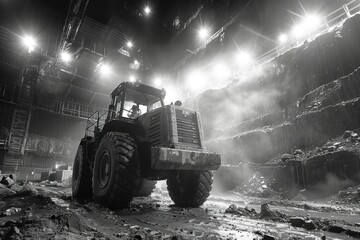 Black and white image of a bulldozer clearing a construction site