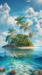An Exotic Tropical Island with Palm Trees In Vertical Mobile Wallpaper Background.