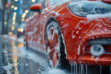 Luxury red sports car getting full body wash with bokeh effect in city car wash scene
