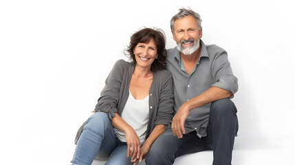 Smiling middle age couple of woman and man sitting in a white background