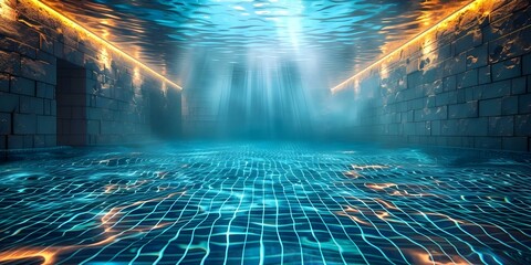 Tranquil underwater scene with blue tiles on the floor of a swimming pool. Concept Underwater Photography, Tranquil Scene, Swimming Pool, Blue Tiles, Relaxing Setting - obrazy, fototapety, plakaty