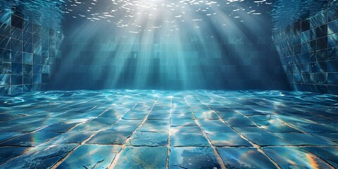 Tranquil Underwater Scene with Blue Tiles in a Swimming Pool. Concept Underwater Photography, Blue Tiles, Swimming Pool, Tranquil Scene, Peaceful Ambiance - obrazy, fototapety, plakaty