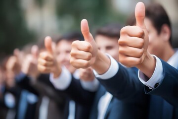 Hands showing thumbs up. Closeup of corporate professionals hand gesturing in the positive or affirmative. - obrazy, fototapety, plakaty