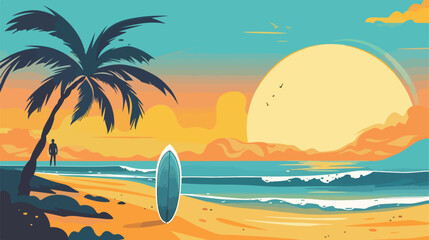 Fototapeta na wymiar Surf and summer card with summer and beach cartoons