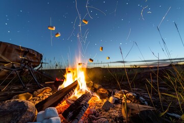 campfire marshmallows roasting, teens watch meteors in clear skies