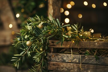An olive branch extending to a manger, representing peace on Earth during Christmas - obrazy, fototapety, plakaty