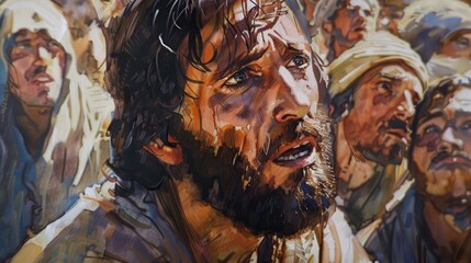 Closeup of Jesus, a compassionate expression on His face as He teaches, with the multitude visibly touched and inspired - obrazy, fototapety, plakaty