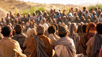 Jesus and His followers in a moment of connection during the Sermon on the Mount, emphasizing the impact of His teachings on the crowd - obrazy, fototapety, plakaty