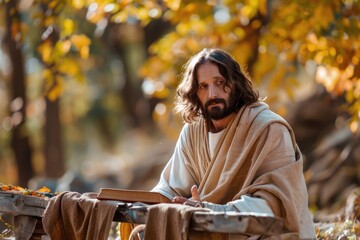 Jesus teaching in a vibrant autumn setting, tying in themes of harvest and thanksgiving with His message of gratitude - obrazy, fototapety, plakaty