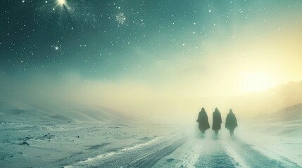 The three wise men following the star of Bethlehem through a snowy landscape, merging the journey with Christmas anticipation