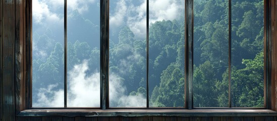 Window in wooden wall overlooking forest and clouds.