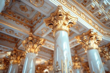 Elegant grand hall adorned with magnificent white marble columns and luxurious gold accents