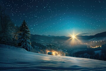 A star shining brightly over a peaceful, snowy landscape, guiding the way to the nativity scene for Christmas - obrazy, fototapety, plakaty