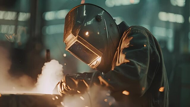 A student wearing a welding mask and gloves uses a welding torch to fuse pieces of metal together. In the background sparks can be seen flying as the student works on perfecting