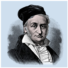 vectored colored old engraving of famous German mathematician, astronomer, geodesist, and physicist Johann Carl Friedrich Gauss, engraving is from Meyers Lexicon published 1914 - Leipzig, Deutschland - 769447575