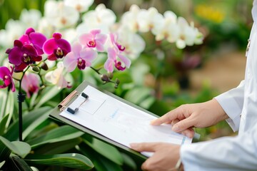 hand holding a clipboard, checking orchid inventory