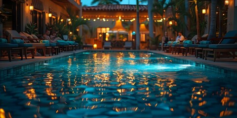 Nighttime pool area at boutique hotel with guests relaxing palm trees pool lights creating a tropical party vibe. Concept Poolside Vibes, Tropical Escape, Nighttime Relaxation, Boutique Hotel - obrazy, fototapety, plakaty
