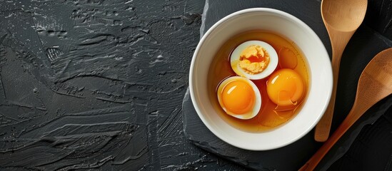 Stewed or hard-boiled eggs with sweet gravy in white bowl with wooden utensils on black background...