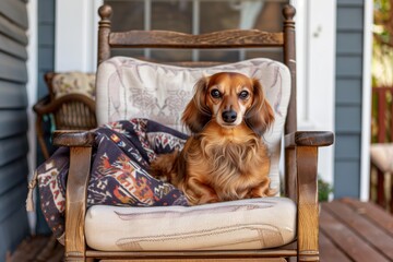 dachshund in a porch chair with a throw blanket