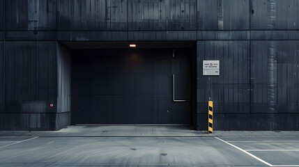 A large, dark garage door with a small light above it. Minimalist photography - Powered by Adobe