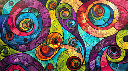 Intricate spirals of bright hues intertwining and overlapping, creating a sense of movement and vitality in the artwork.