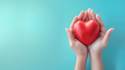 Young women hands holding red heart on blue background, health care, donate and family insurance concept, world heart day, world health day, CSR responsibility, adoption foster family