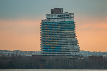 View of the Dnieper city during a beautiful sunset or sunrise. Warm days in the city. Interesting...
