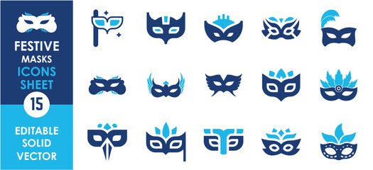 festive masks duotone design. A set of fantasy masks. Party or carnival masks icons design. - obrazy, fototapety, plakaty
