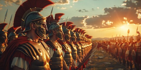 A group of Roman legionnaires clad in armor and armed, standing proudly in formation, ready for battle. - obrazy, fototapety, plakaty