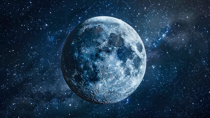 Wonderful  blue moon on the night stellar sky with bright fantastic Milky Way.