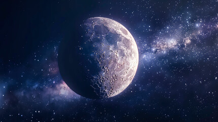 Naklejka na ściany i meble Wonderful moon on the night stellar sky with bright fantastic Milky Way.
