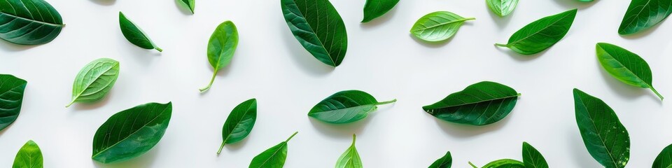 A collection of lush green leaves arranged neatly on a clean white surface, creating a simple and elegant composition, background, wallpaper, banner