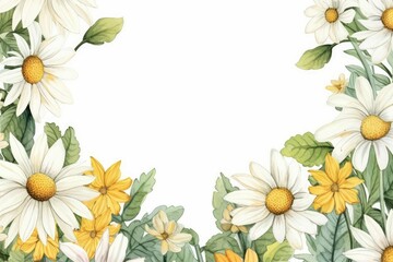 watercolor of daisy flowers frame, botanical border, Floral Background, for invitation, greeting card, botanical ornament for your text. 