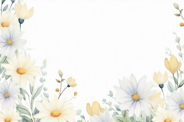 watercolor of daisy flowers frame, botanical border, Floral Background, for invitation, greeting card, botanical ornament for your text. 