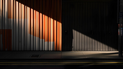 A building with a black and orange gate, creating an interesting contrast with the sunlight and shadows cast on the gate. Minimalist photography
