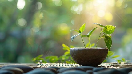 Beautiful and young fresh green plant in the bowl, aesthetic composition, calm atmosphere, yoga, massage, meditation
