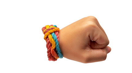  A hand clasping a friendship bracelet, symbolizing the bond between friends, woven with care and trust on a white background. 