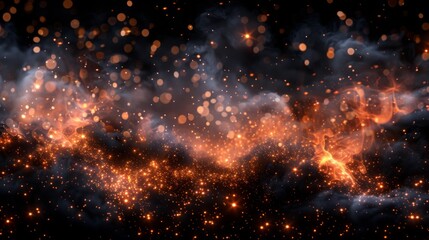 Fire embers particles over black background. Fire sparks background. Abstract dark glitter fire particles lights - obrazy, fototapety, plakaty