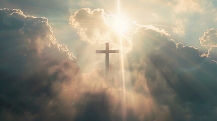 Cross floating in the air, clear silhouette on the background of light clouds, sun rays illuminate it from behind, the power of faith, light bright background - obrazy, fototapety, plakaty