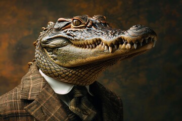 A crocodile in a bespoke suit, standing in a studio, the lighting highlighting its menacing and fearsome demeanor - obrazy, fototapety, plakaty