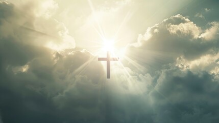 Cross floating in the air, clear silhouette on the background of light clouds, sun rays illuminate it from behind, the power of faith, light bright background